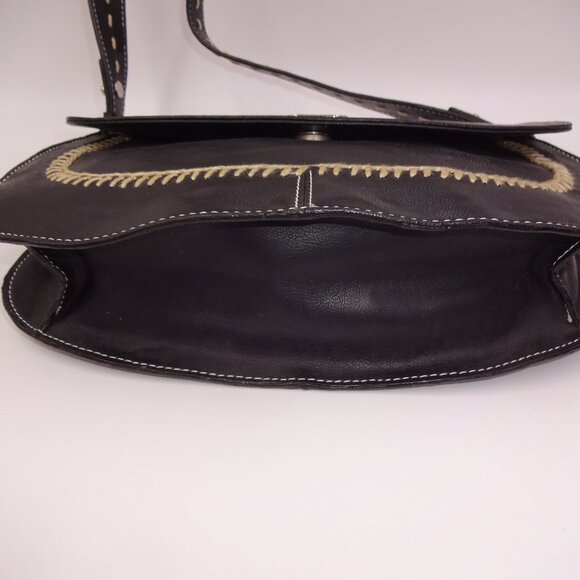 Black Guess Shoulder Purse Bag Handbag Brown Stitch Accents - Picture 7 of 9